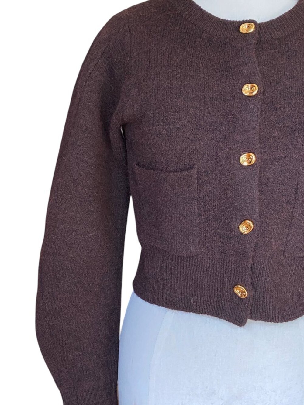 Zara Chocolate Brown Cropped Cardigan Sweater Floral Buttons Wool Academia-S - Picture 3 of 8